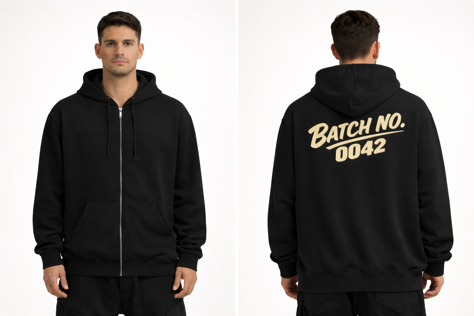 Batch No. 0042 Zip Hoodie — Retro Script Full-Zip Hooded Sweatshirt