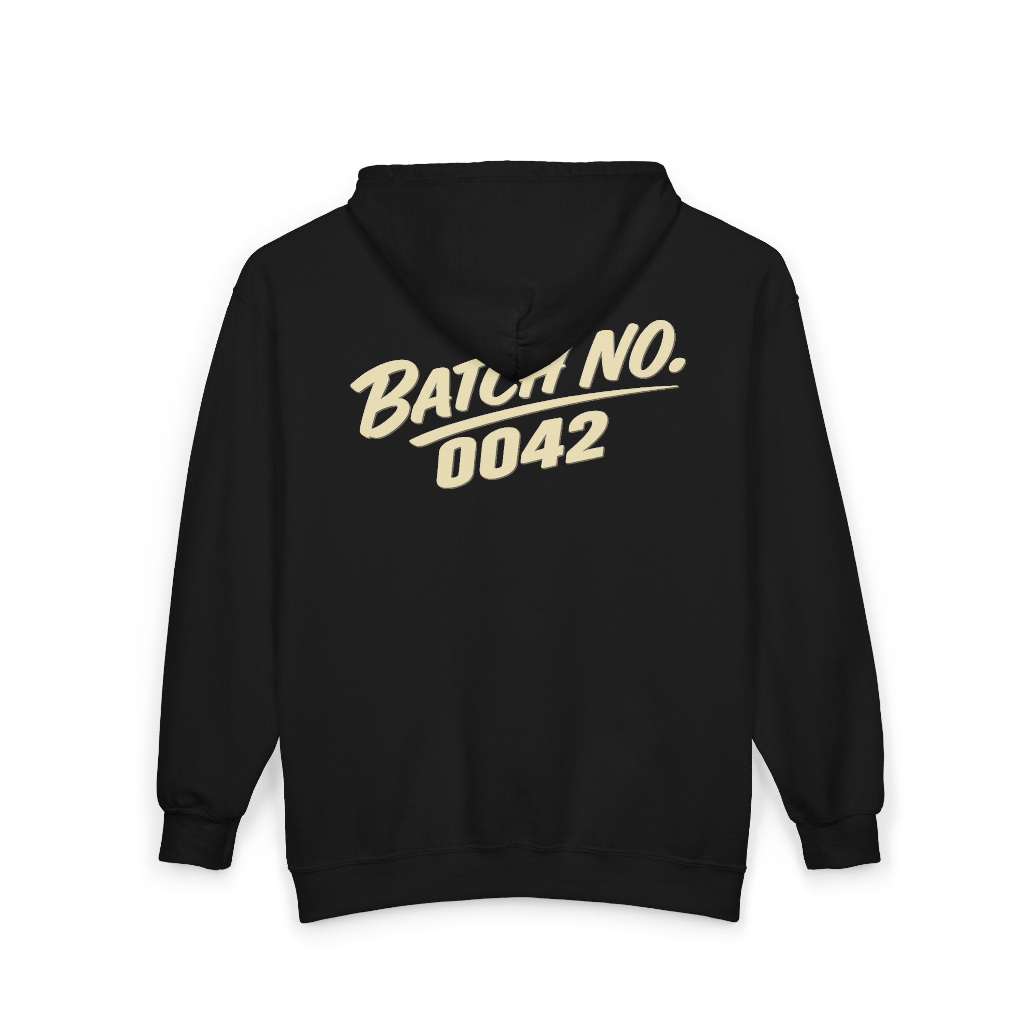 Batch No. 0042 Zip Hoodie — Retro Script Full-Zip Hooded Sweatshirt